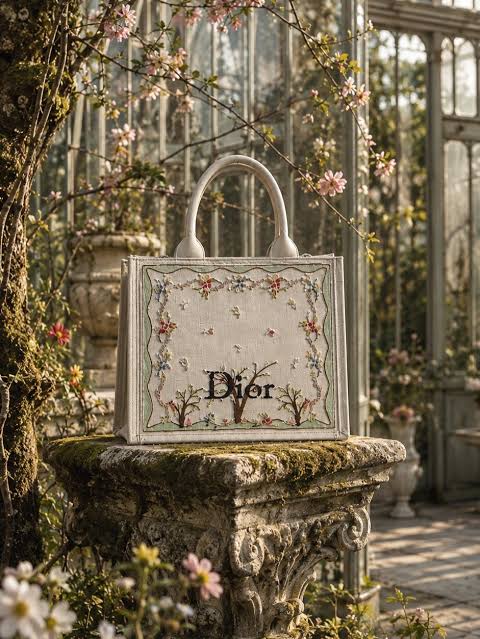 Embroidered tote in a garden setting