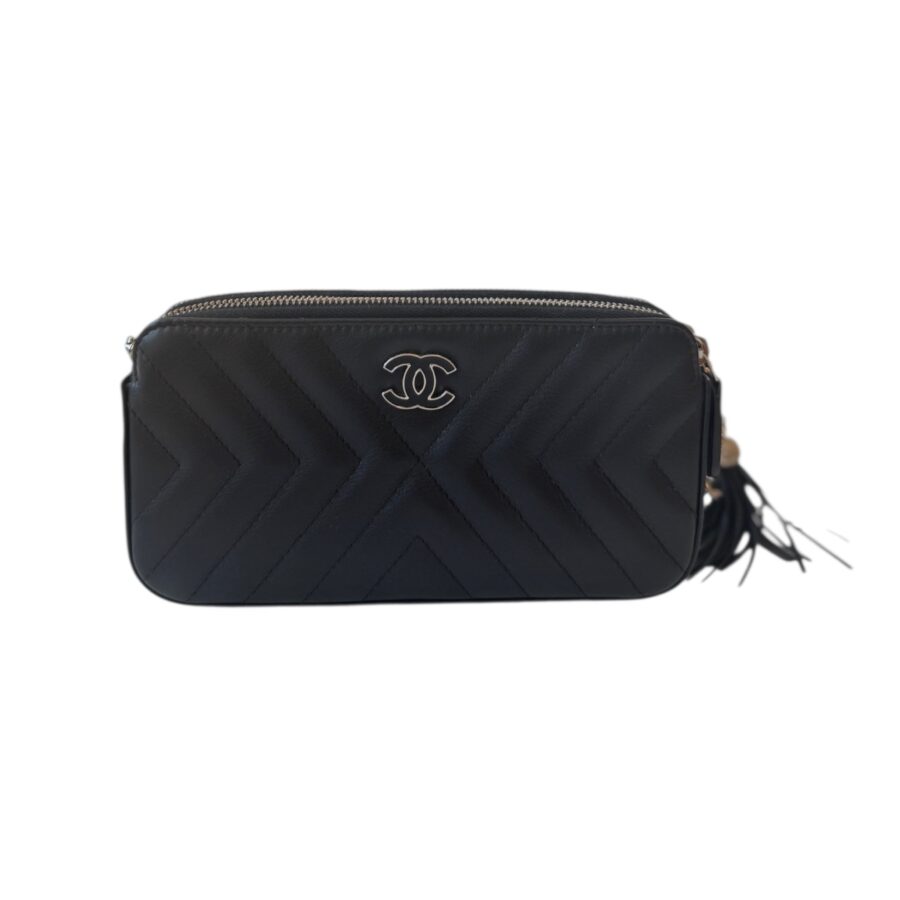 CC Calfskin Chevron Quilted Tassel Clutch With Chain Shoulder Bag | Studio Nafay