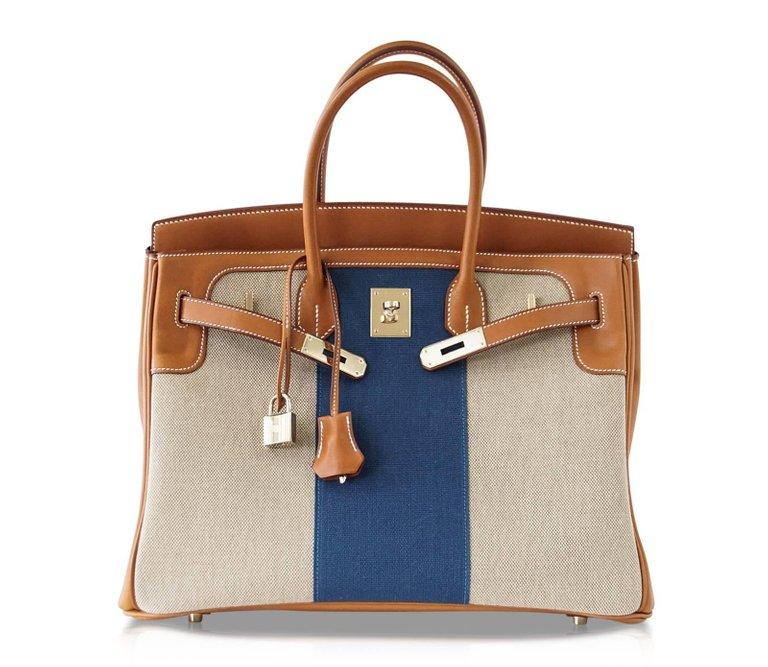 Hermes Birkin 35 Borsa Flag Barenia / Toile Blu Permabrass Edizione limitata rara