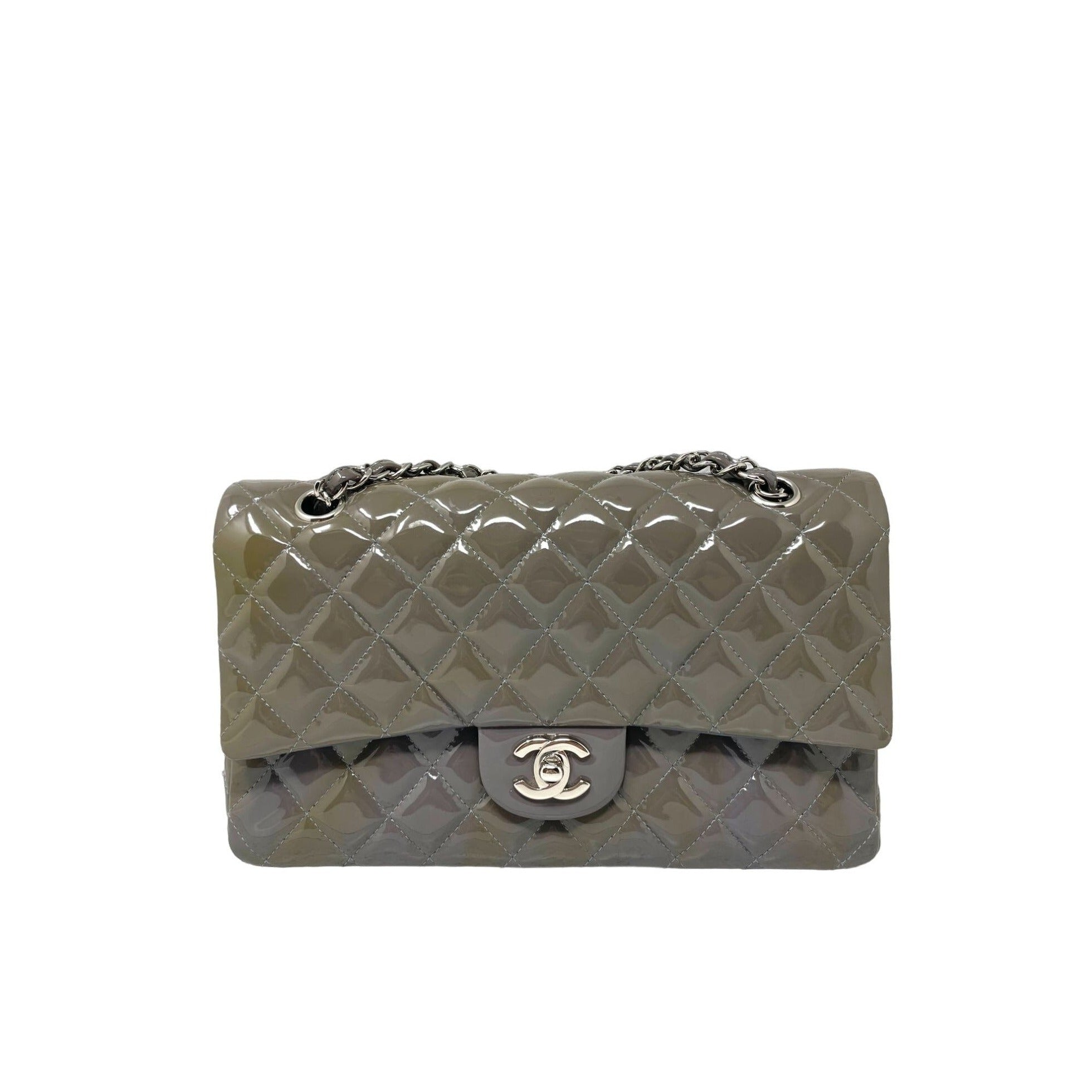 CHANEL Chanel Classic Patent Medium Double Flap Bag - Grigio