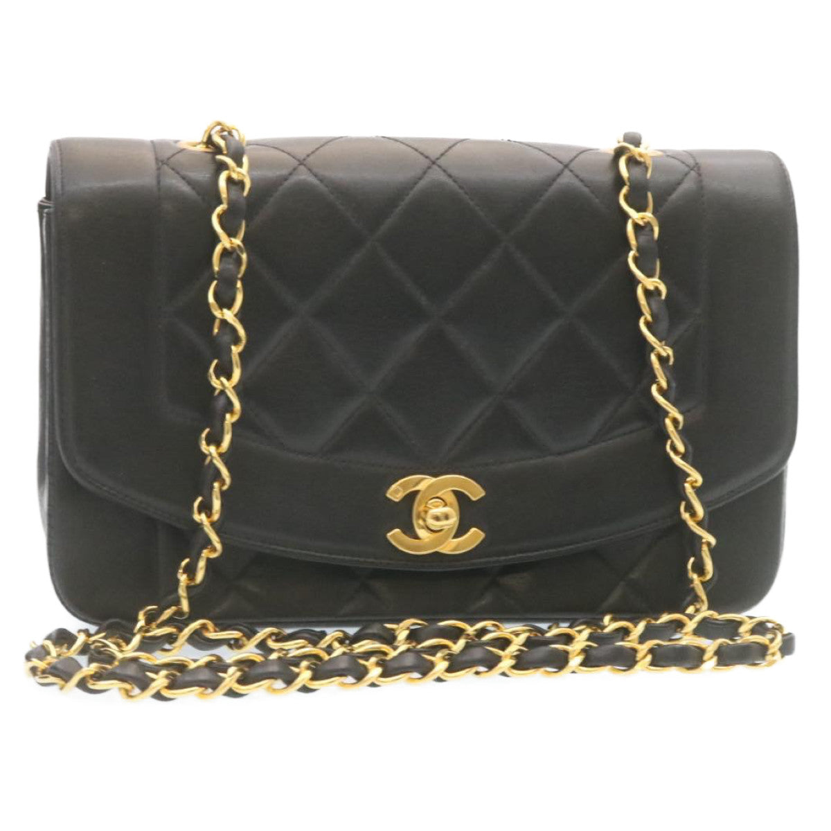 CHANEL Chain Turn Lock Diana Matelasse Borsa a tracolla Lamb Skin Nero Auth 28643A