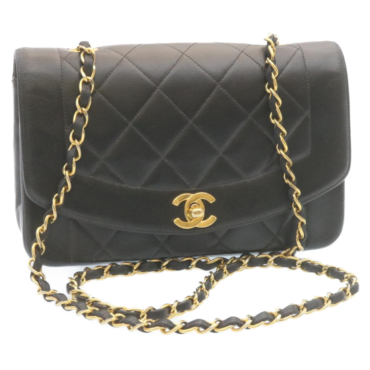 CHANEL Chain Turn Lock Diana Matelasse Borsa a tracolla Lamb Skin Nero Auth 28470A