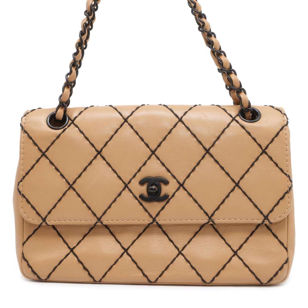 CHANEL CC Logo Wild Stitch Double Chain Shoulder Bag Beige Calf Leather