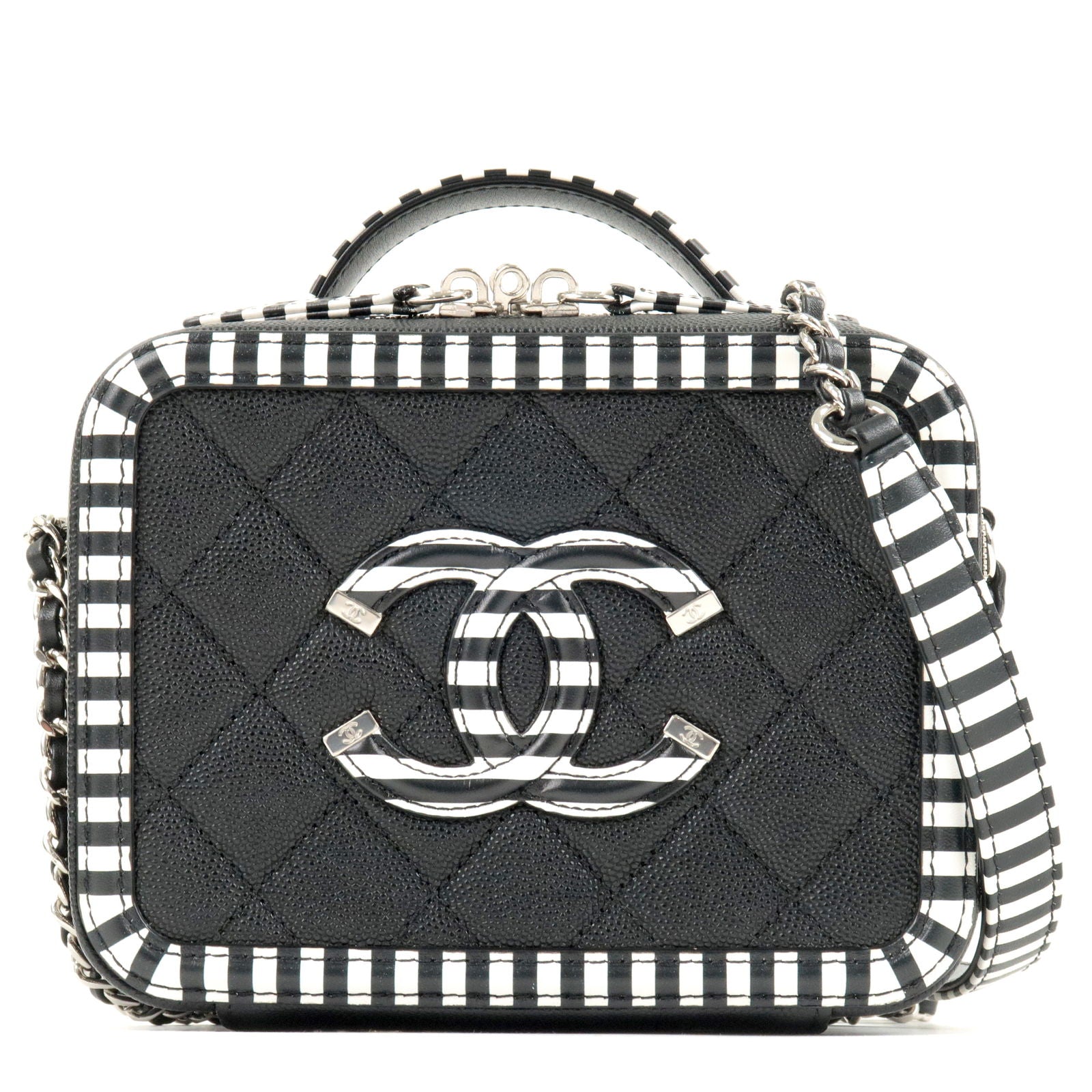 Chanel CC Filigree Caviar Skin Vanity Case 2Way Bag Stripe