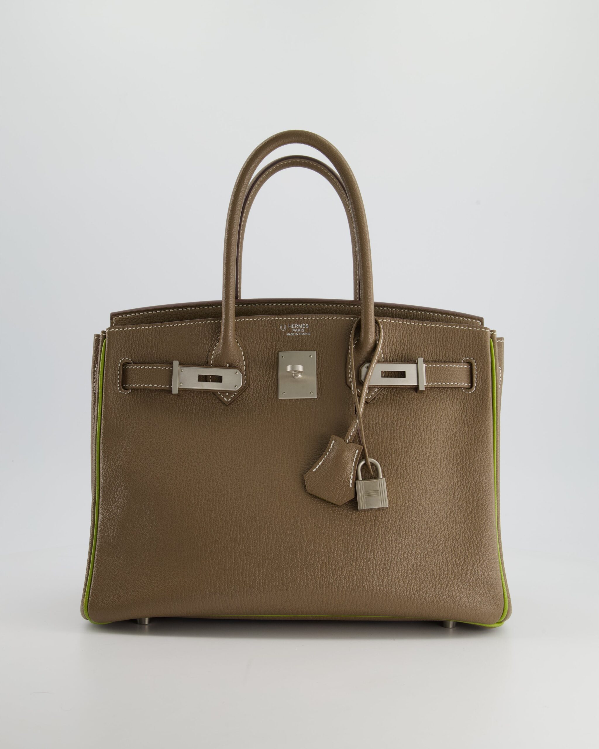 Hermes HSS Birkin 30 Retourne Bag in Etoupe & Vert Anis Chèvre Mysore with Brushed Palladium Hardware