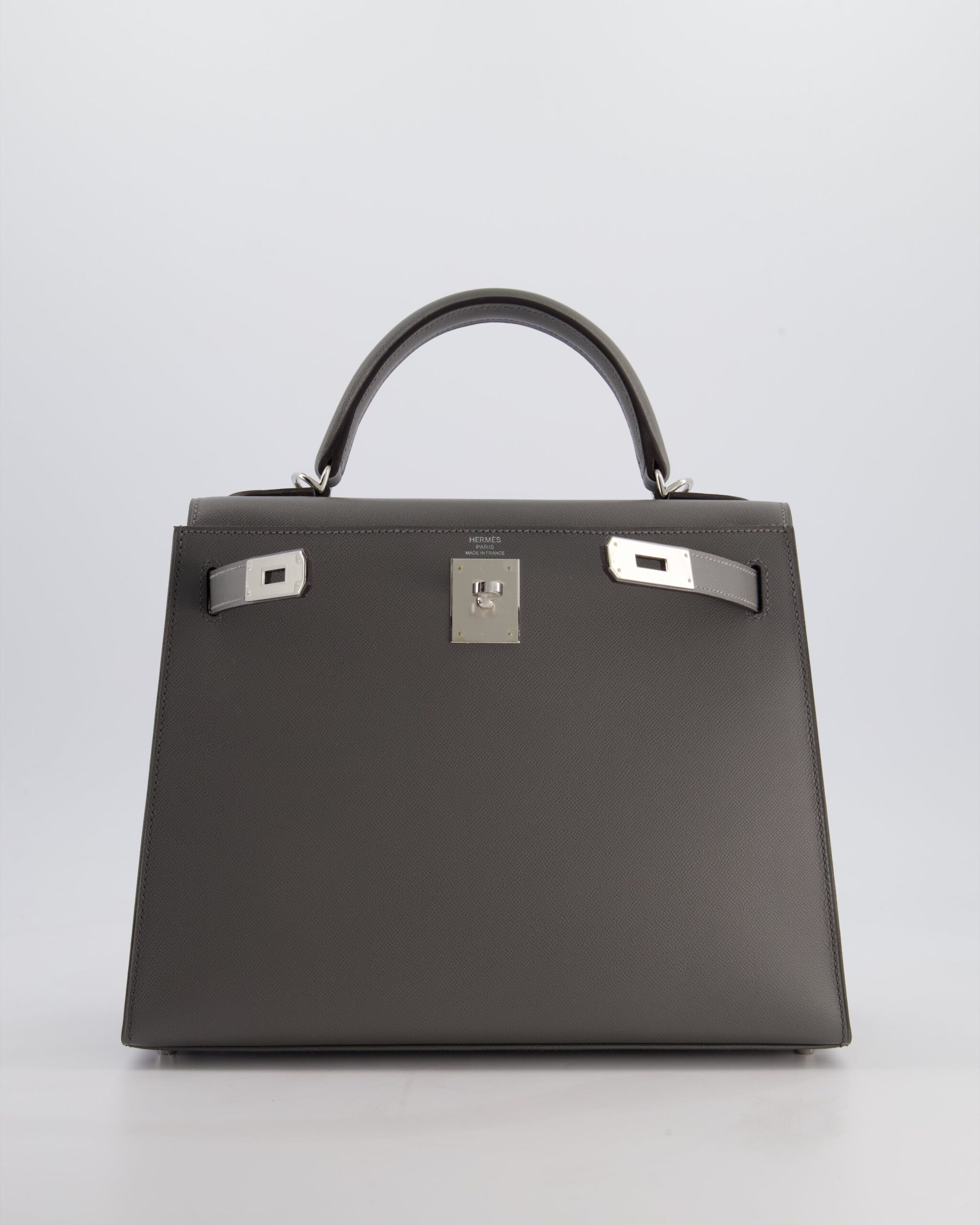 *RARE* Sac à main Hermes Kelly 28 Sellier en cuir Madame Gris Meyer avec quincaillerie palladium