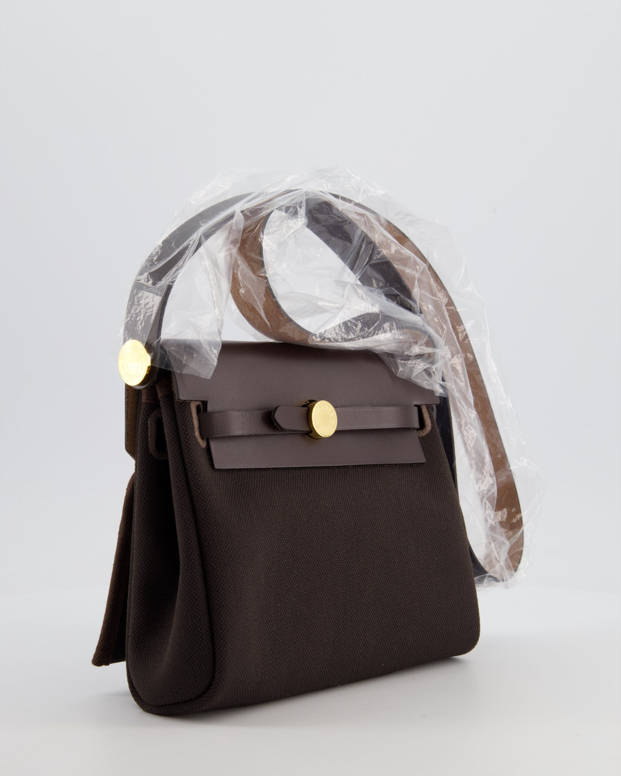 Hermes Herbag Zip 20 Bag in Ebene Viking Canvas & Ebene Vache Hunter Leather with Gold Hardware