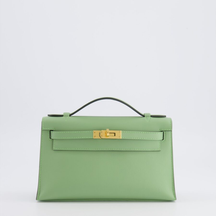 *HOT COLOUR* Hermes Mini Kelly Pochette سلة التسوق in Vert Criquet Swift Leather with Gold Hardware | Studio Nafay