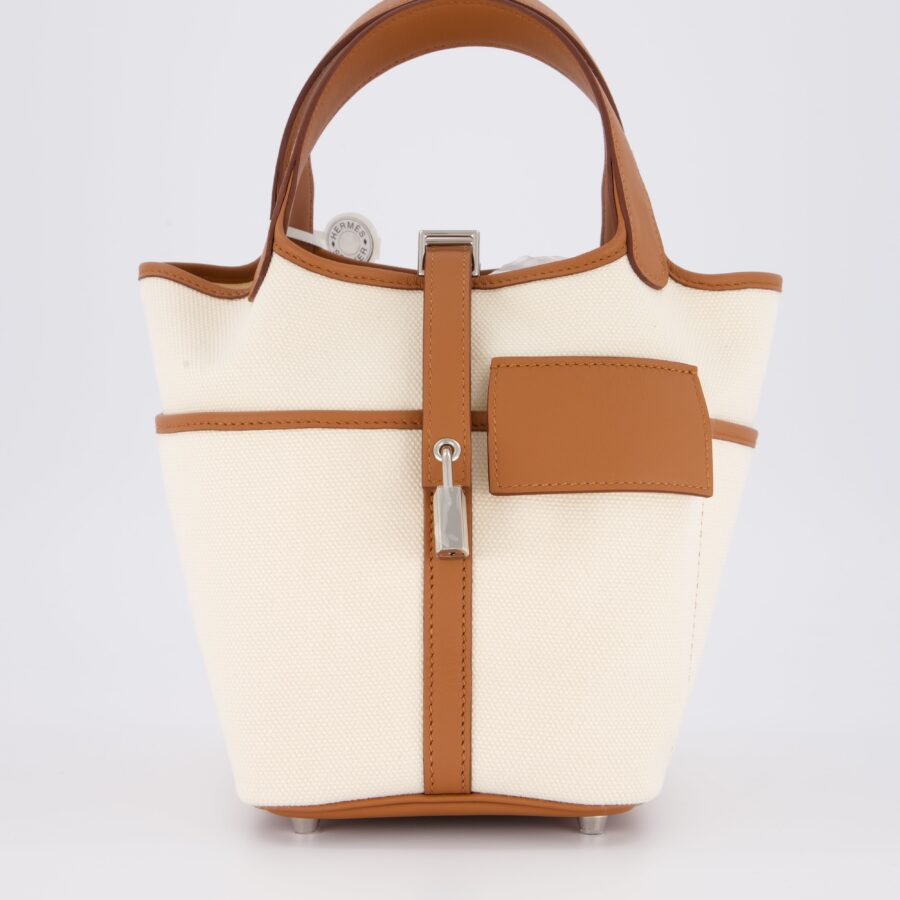 *HOT* Hermes Picotin 18 Lock Cargo سلة التسوق in Ecru Canvas & Gold Swift Leather with Palladium Hardware | Studio Nafay