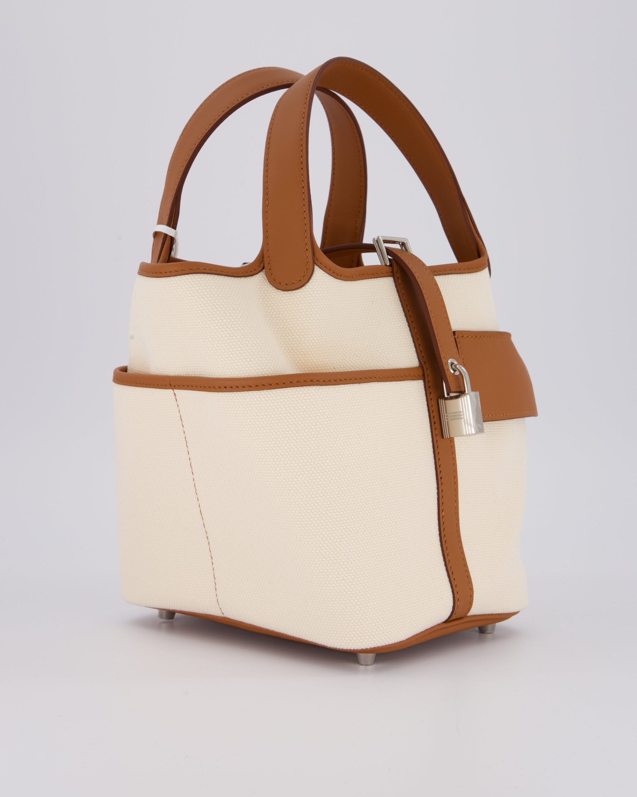 *HOT* Hermes Picotin 18 Chiusura Cargo Bag in Ecru Canvas & Oro Swift Pelle con Palladium Hardware