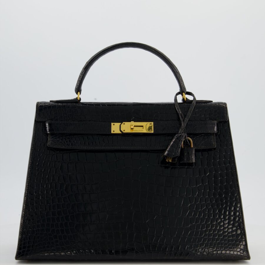 *HOT* Hermes Kelly 32 Sellier سلة التسوق in Noir Porosus Crocodile Leather with Gold Hardware | Studio Nafay
