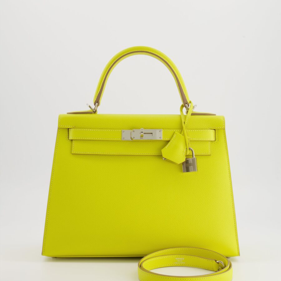 Hermes Kelly 28 Sellier Bag in Lime Epsom Leather with Palladium Hardware | Studio Nafay