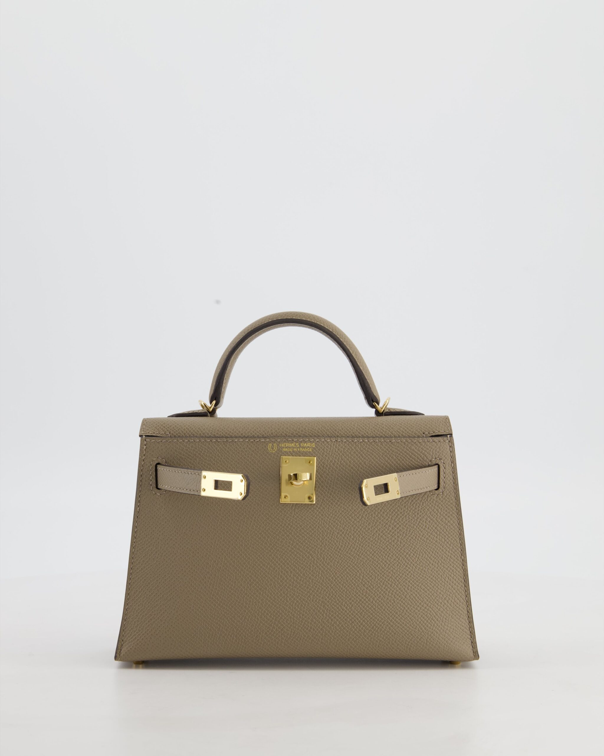 *SUPER RARE* هيرمس حقيبة HSS Mini Kelly II 20 من جلد إيبسوم بلون Gris Tourterelle وGris Perle من الداخل مع إكسسوارات بيرمابراس