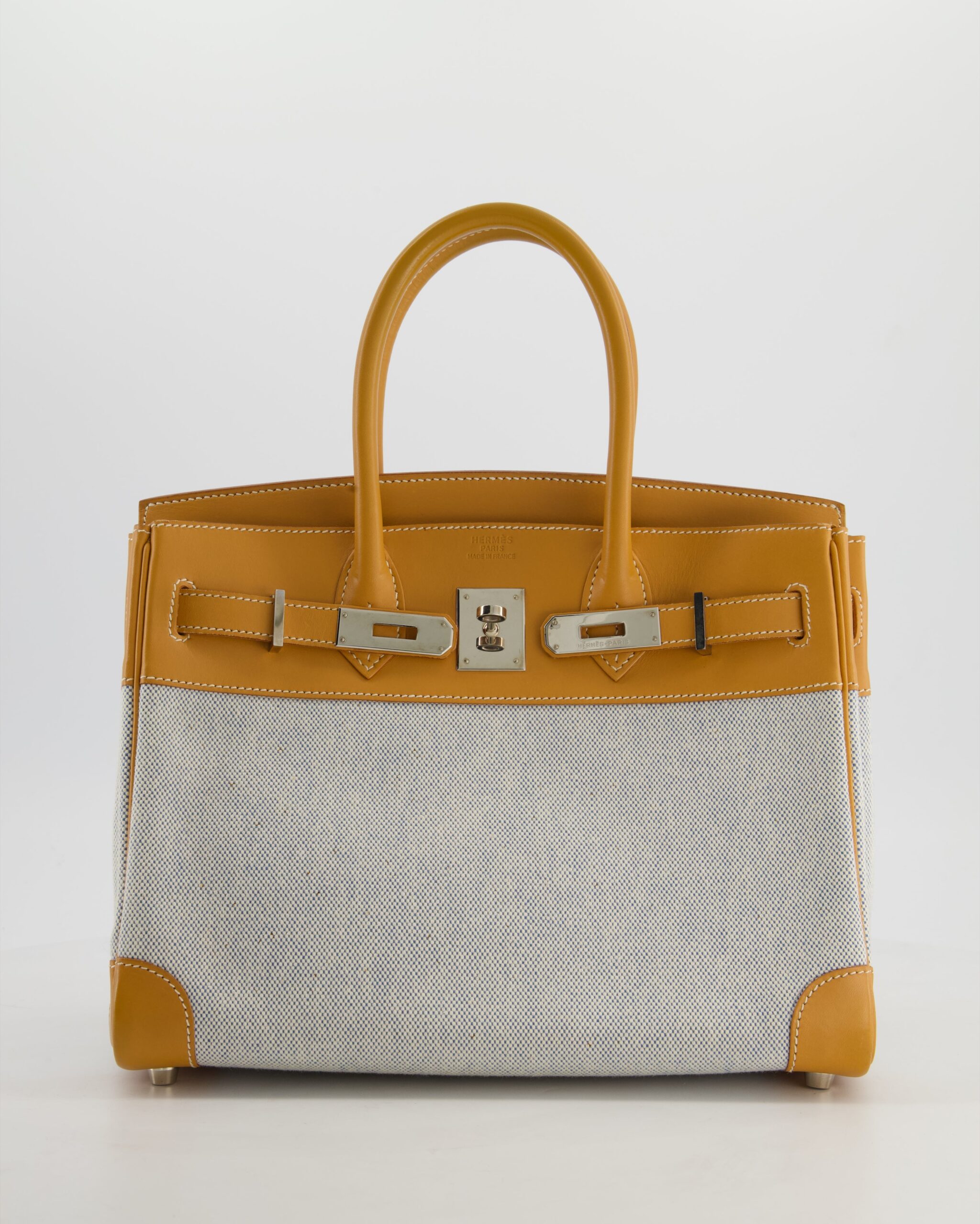 *RARE* Hermes Birkin 30 Retourne Toile Bag in Natural Sable Vache Naturelle Leather & Écru/Ciel Cross Toile Canvas with Palladium Hardware