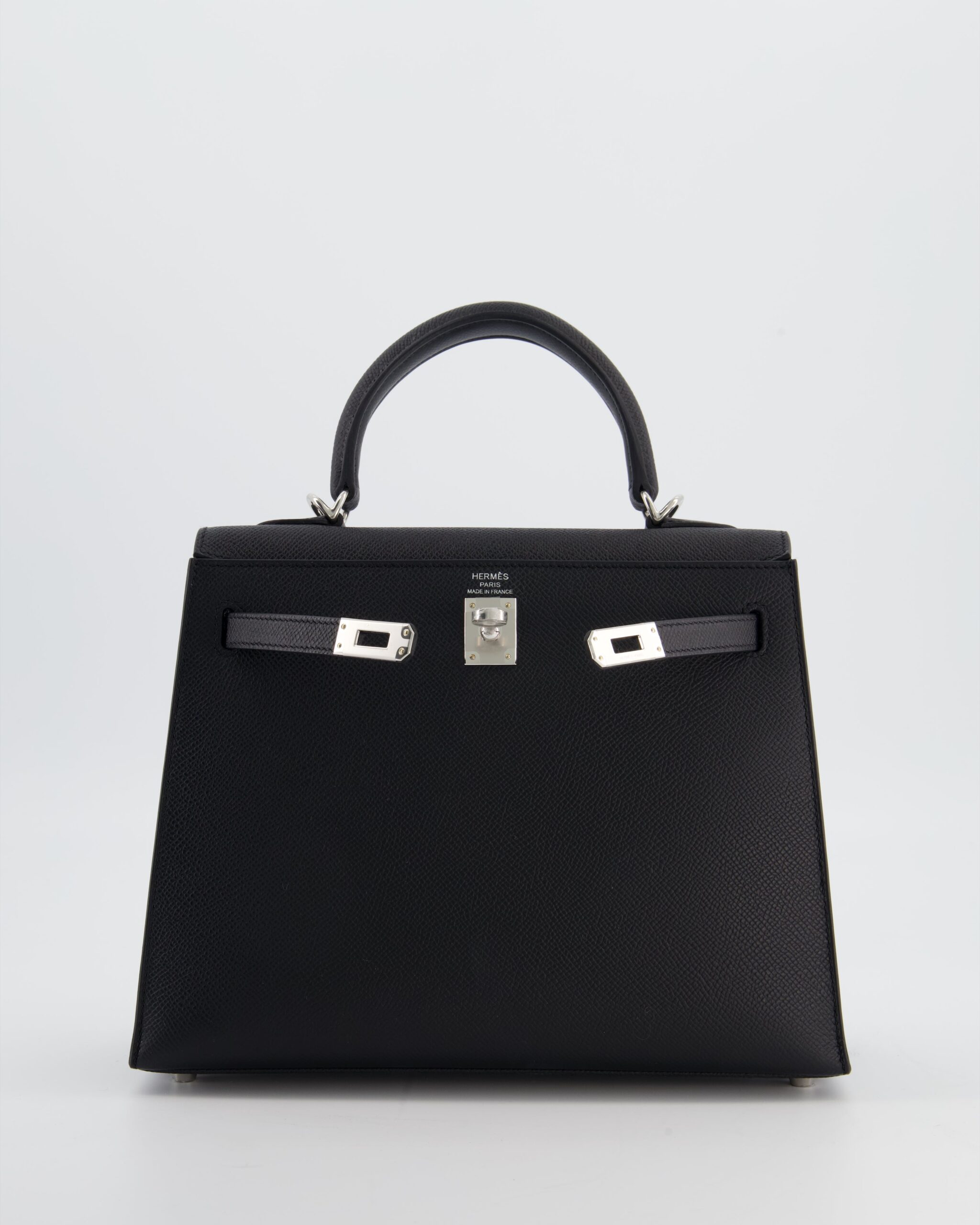 *RARE* Hermes Kelly 25 Sellier Borsa a mano in pelle Epsom Noir con Hardware in palladio