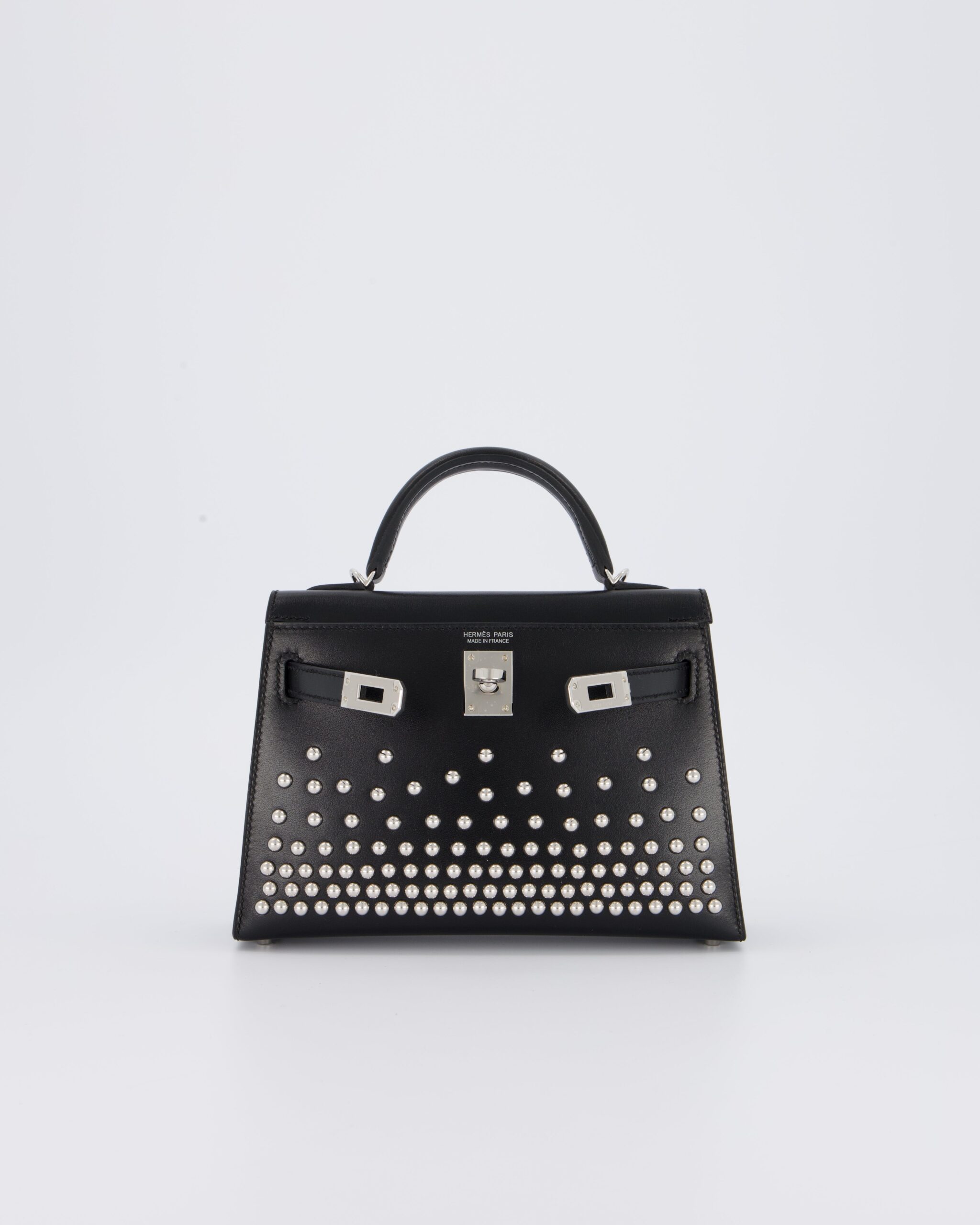 *SUPER RARE & HOT* Hermes Mini Kelly II 20 Clouté Borsa a mano in pelle Box Calf Noir con Hardware in palladio & Borchie