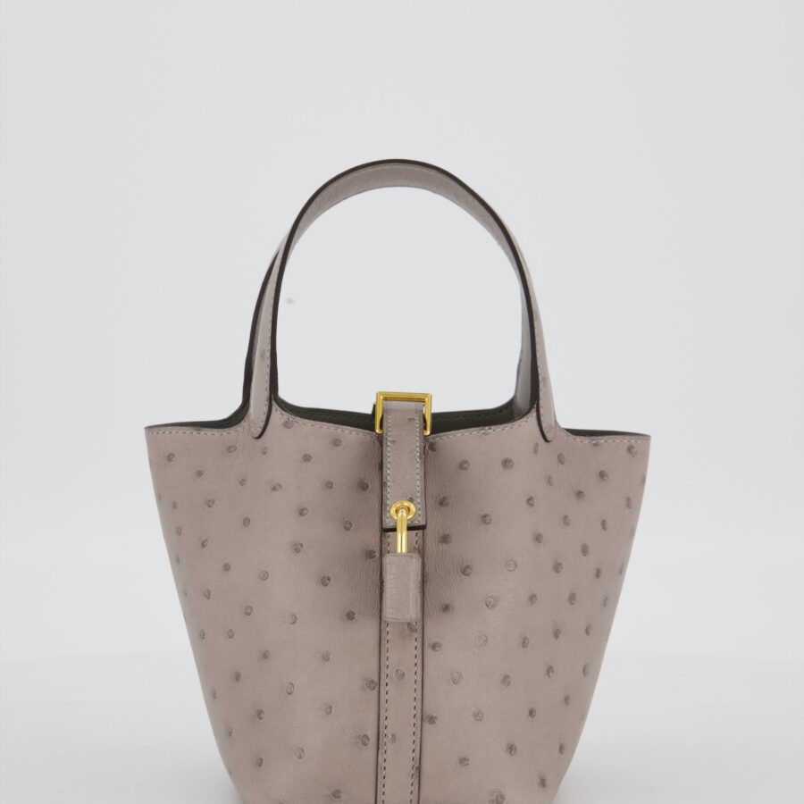 *HOT* Hermes Micro Picotin Lock سلة التسوق in Gris Mouette Ostrich Leather with Gold Hardware | Studio Nafay