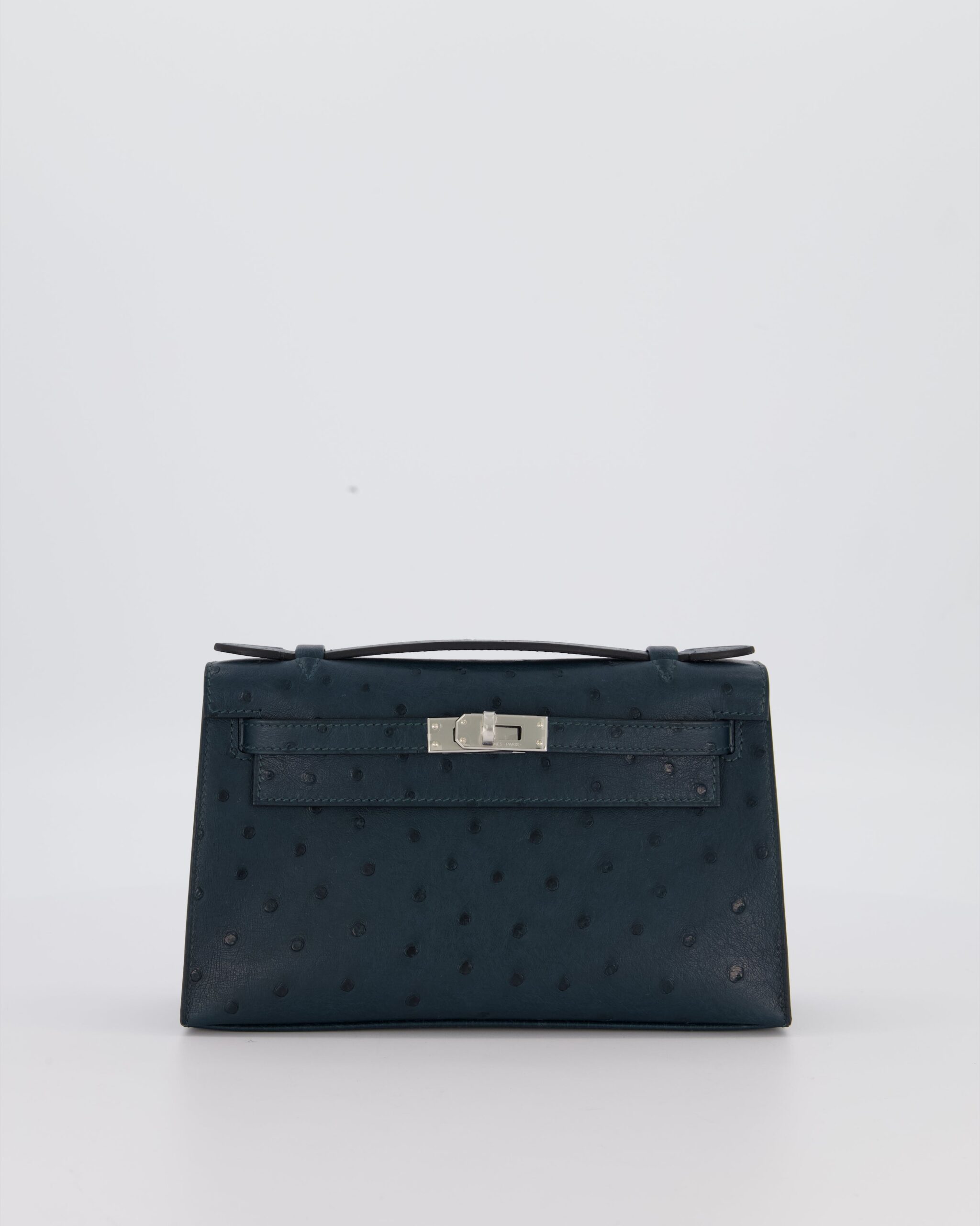 *SUPER RARE* Hermes Mini Kelly Pochette Bag in Vert Cypres Ostrich Leather with Palladium Hardware