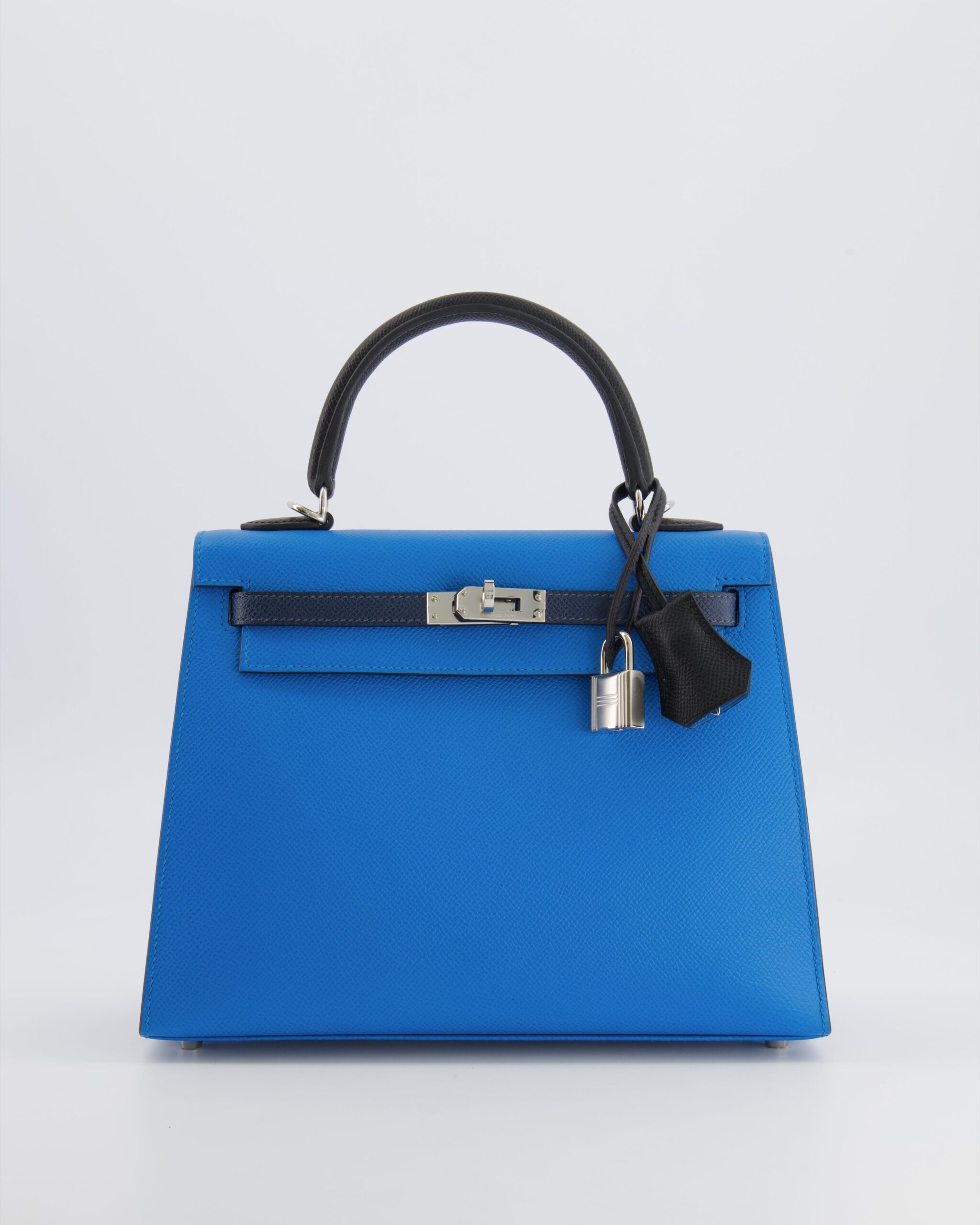 Hermes Kelly II Tricolour 25 Sellier Bag in Bleu Zanzibar, Bleu De Prusse and Noir Epsom Leather with Palladium Hardware