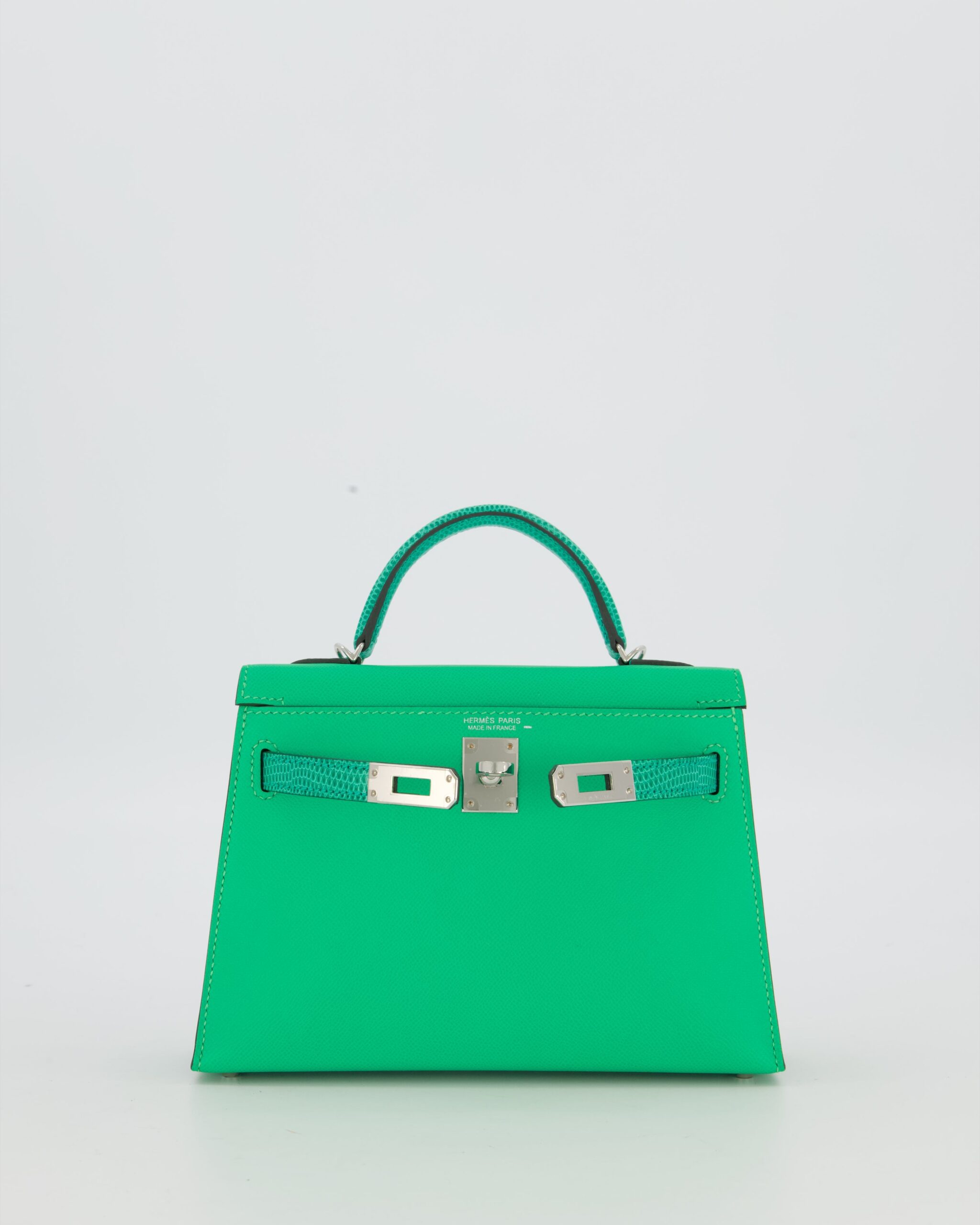 *RARE* Hermes Mini Kelly II 20 Touch Bag in Vert Comics Madame and Vert Jade Niloticus Lizard Leather with Palladium Hardware