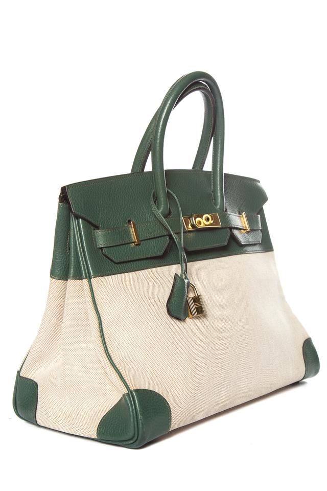 Hermesbirkin Leather & Toile 35cm Green Tote