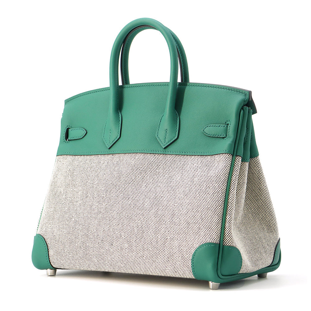 HERMES Birkin Ecru/ Vert Vertigo Toile H Swift Leather Size 25