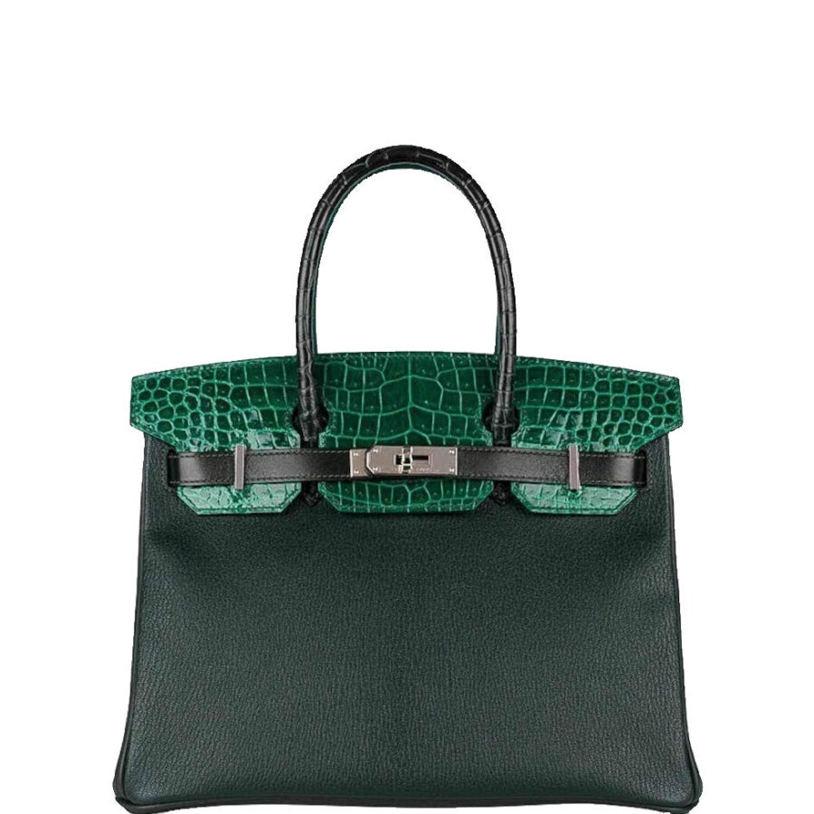 HermesBirkin 30 Vert Emerald Porosus Crocodile, Vert Titien and Rose Azalée Patchwork Palladium Hardware | Studio Nafay