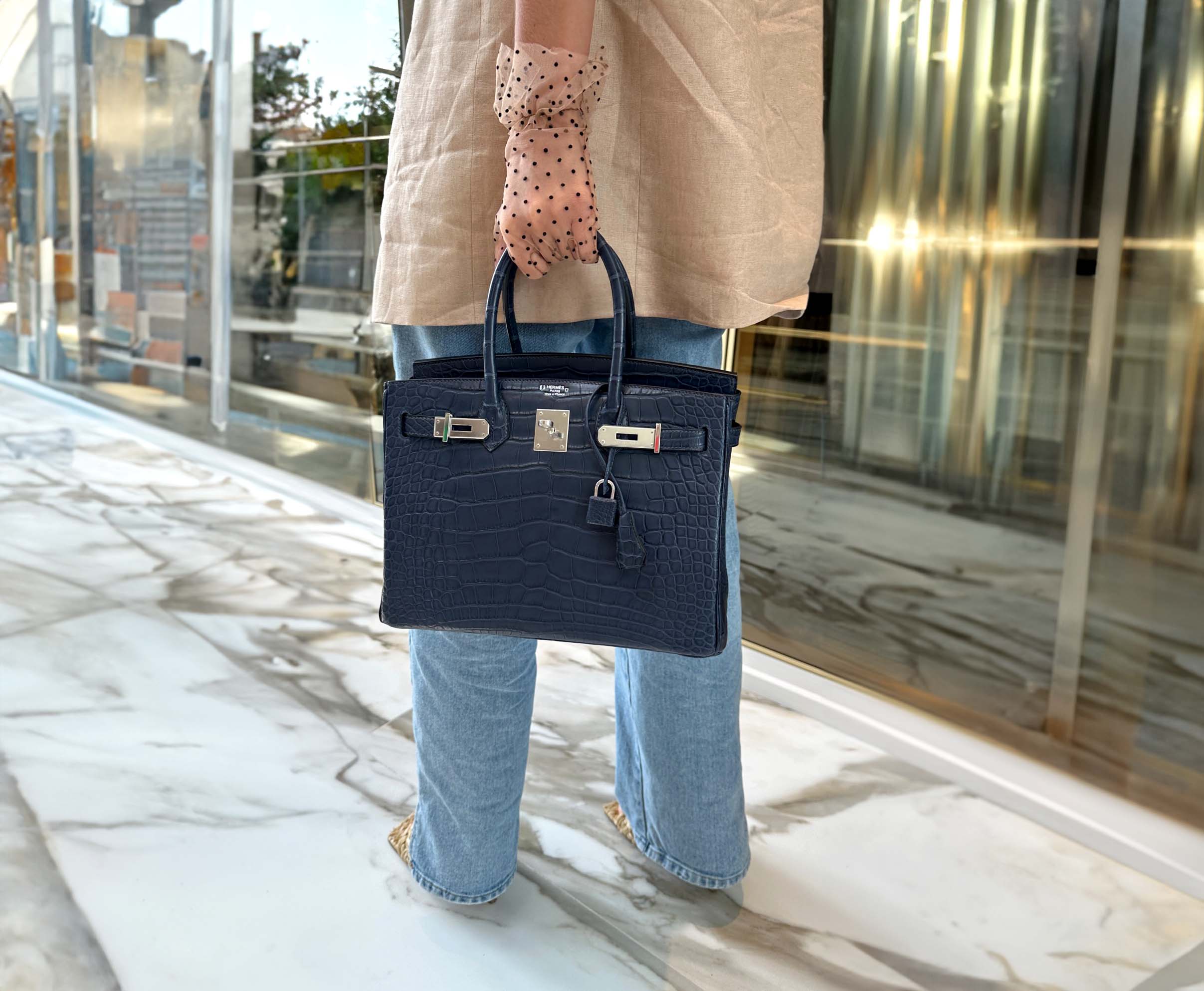 HermesHSS Birkin 30 Blue Marine Matte Alligator & Cassis Interior with Palladium Hardware