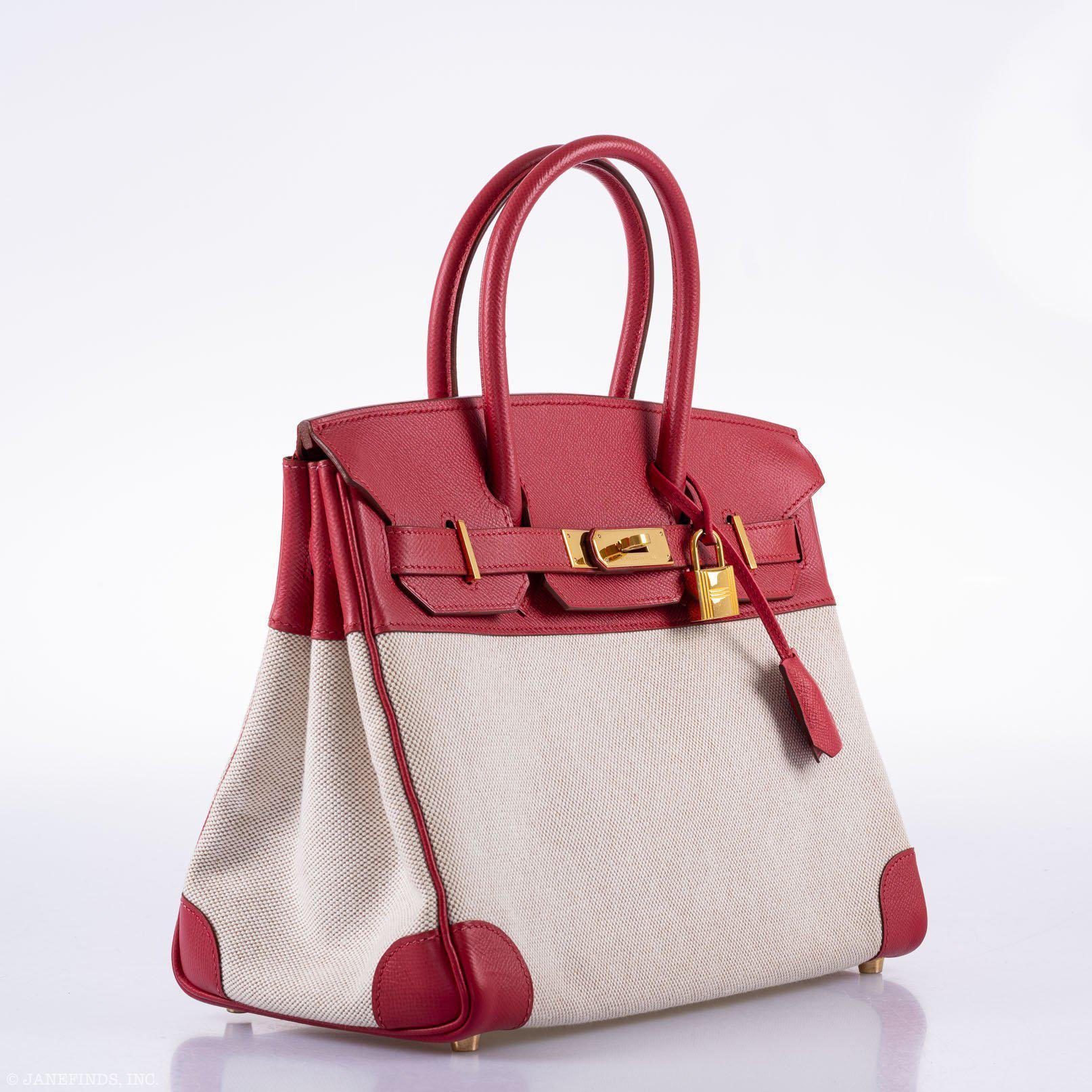 HermesBirkin 30 Toile & Rouge Vif Courchevel Leather Gold Hardware