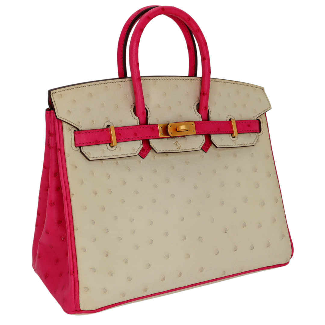 Hermes25cm Birkin HSS Nata/ Rose Tyrien Ostrich Brushed Gold Hardware