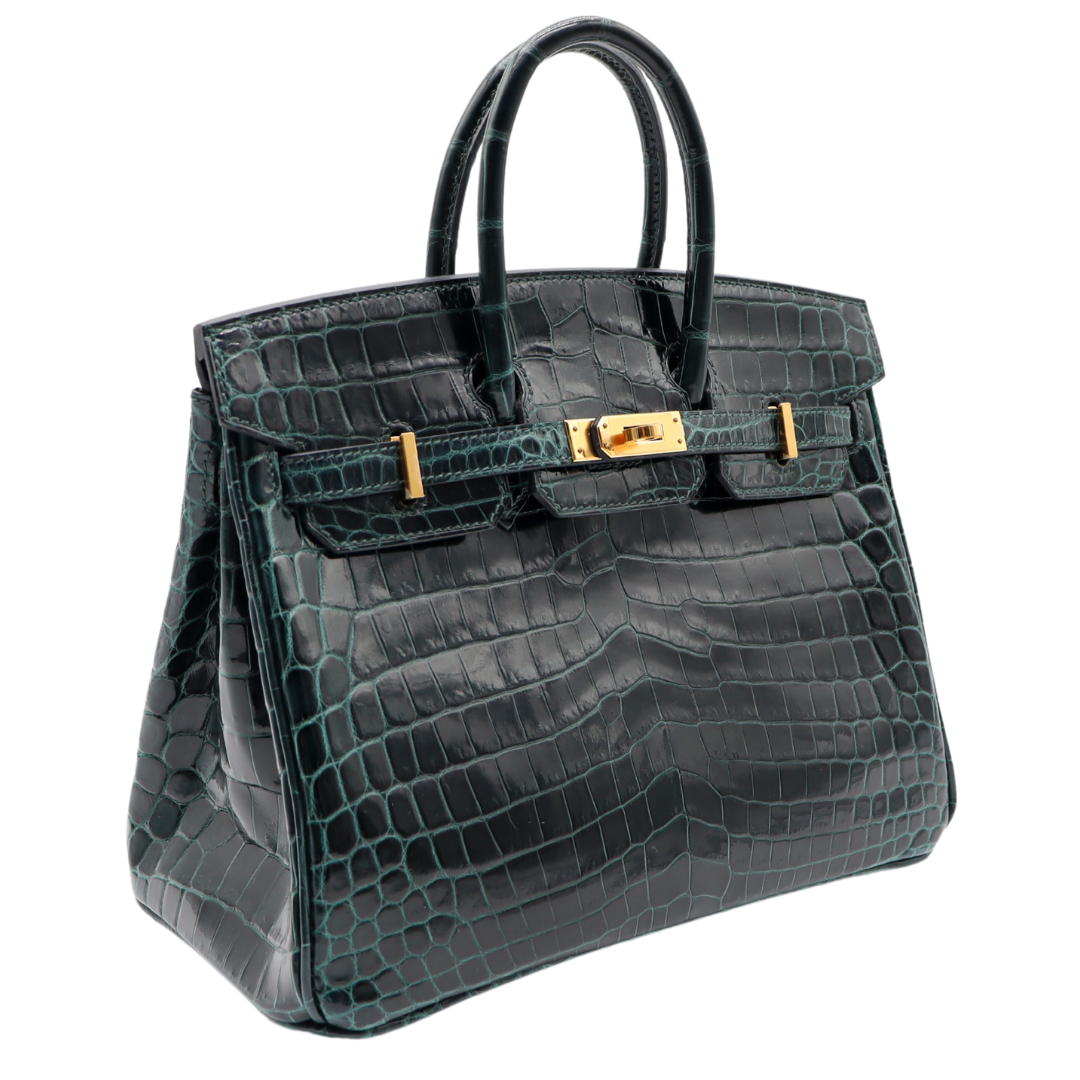 Hermes25cm Birkin Vert Cypress Shiny Niloticus Crocodile Gold Hardware