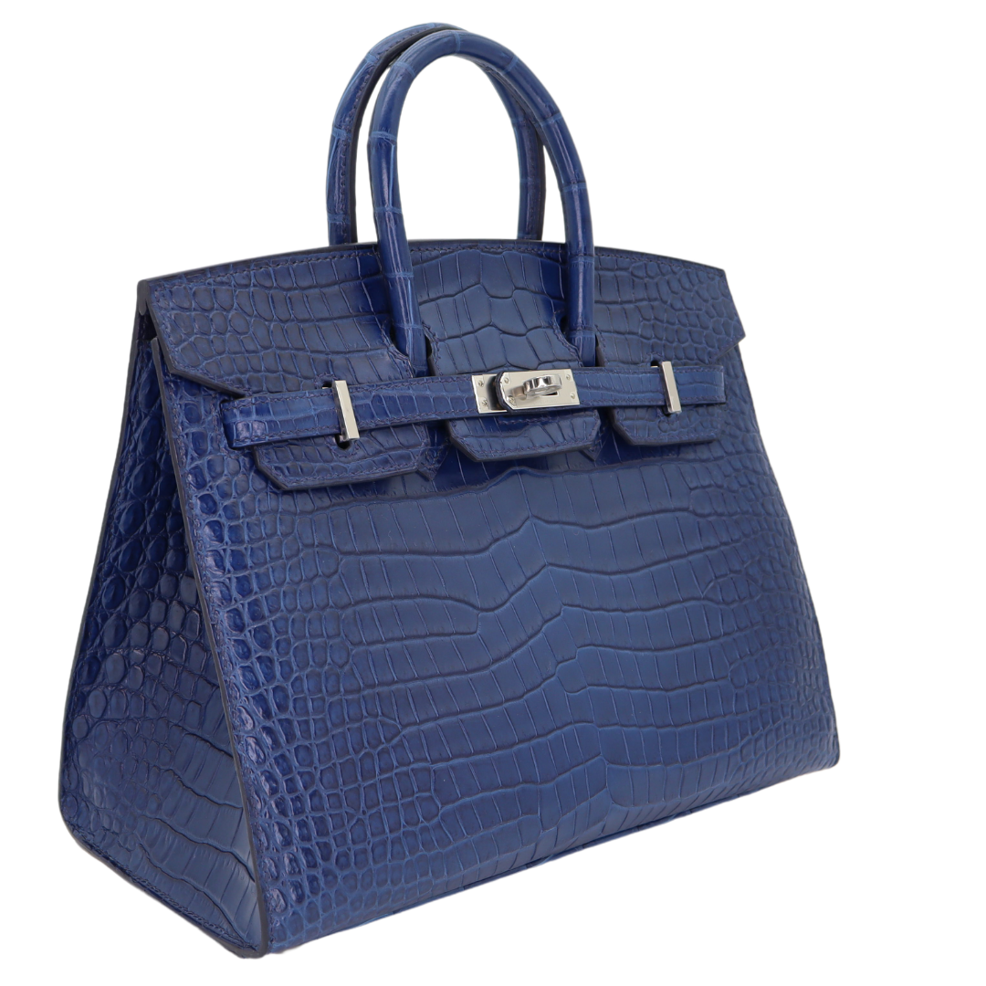 Hermes25cm Birkin Sellier Indigo Aizome Matte Porosus Crocodile Palladium Hardware