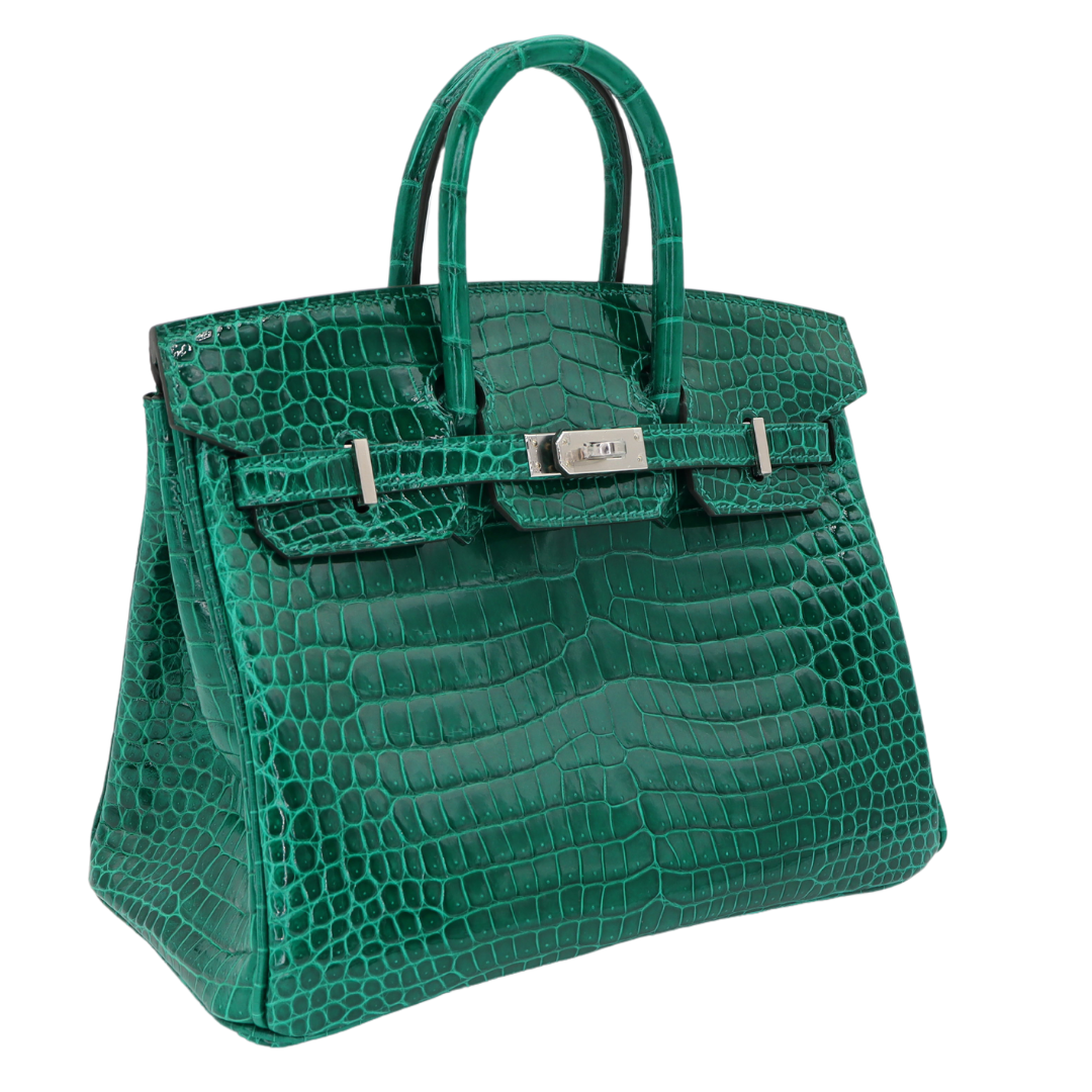 Hermes25cm Birkin Vert Emeraude Shiny Porosus Crocodile Palladium Hardware