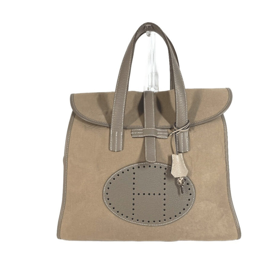 HERMES Handbag Leather / canvas gray Punching H logo Hood | Studio Nafay