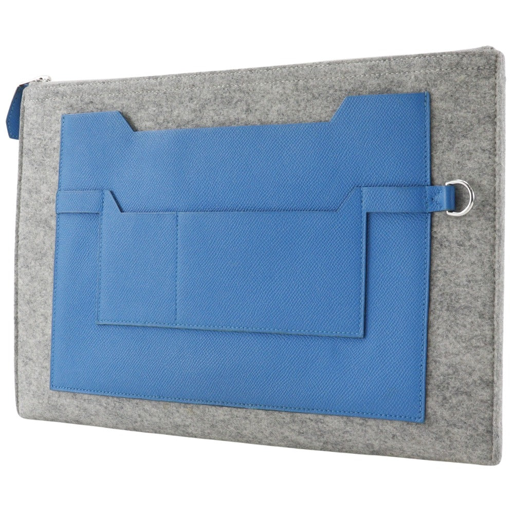 HERMES Clutch bag Felt, Epsom Blue / gray Too Doo 37 unisex(Unisex)