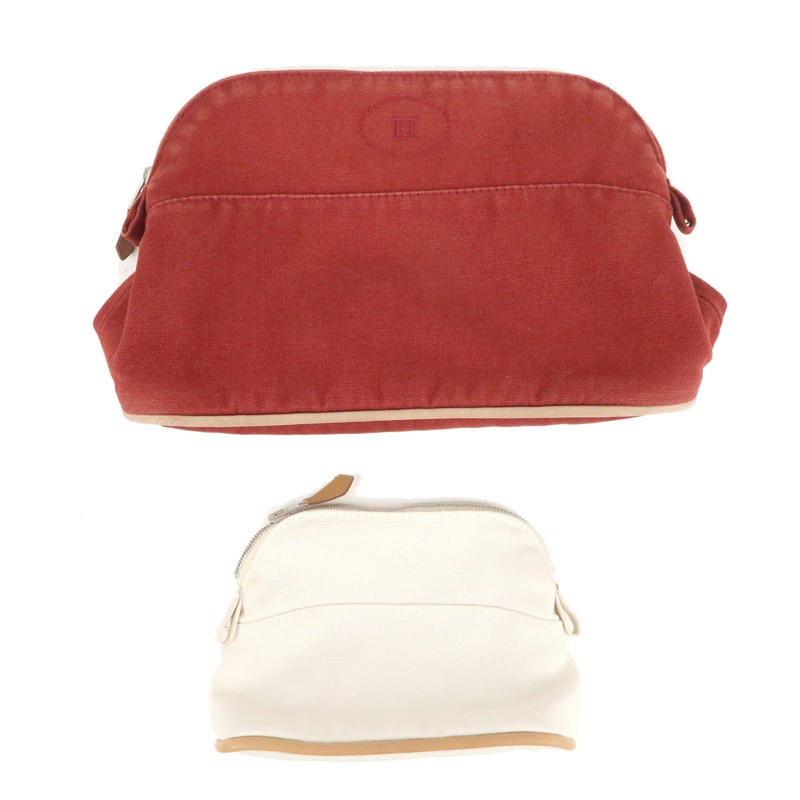 Luxury Hermes Set Of 2 Bolide Pouch MM & Mini Canvas Leather Ivory Red