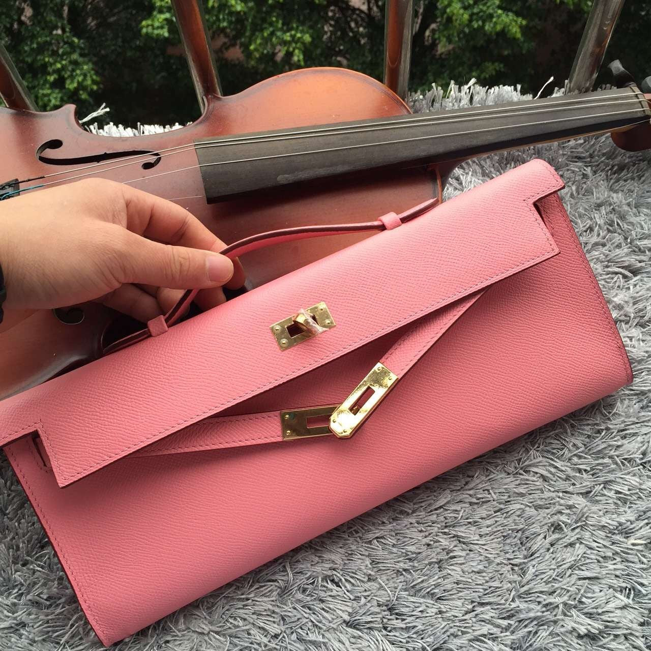 Luxury Hermes Pink Handcrafted Kelly Cut Clutch
