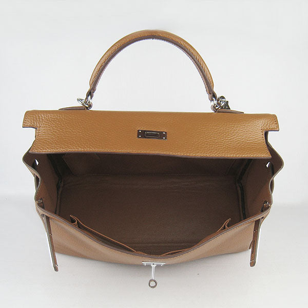 Luxury Hermes Kelly 35cm Togo Leather Handbag Light Coffee/silver