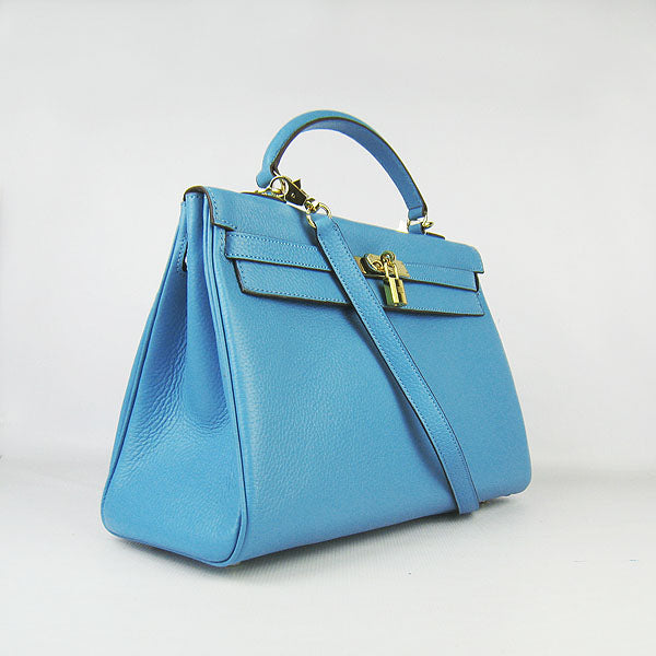 Luxury Hermes Kelly 35cm Togo Leather Handbag Light Blue/Golden