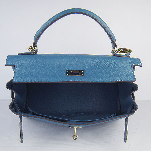Luxury Hermes Kelly 32cm Togo Leather Handbag Blue/Golden