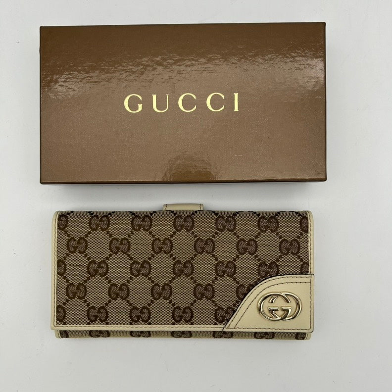 Gucci Beige Brown GG Canvas Leather Clutch Wristlet Medium Size | Studio Nafay