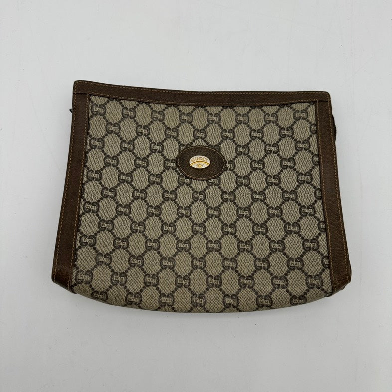 Gucci Beige Brown Canvas Leather Clutch Wristlet Medium Size | Studio Nafay