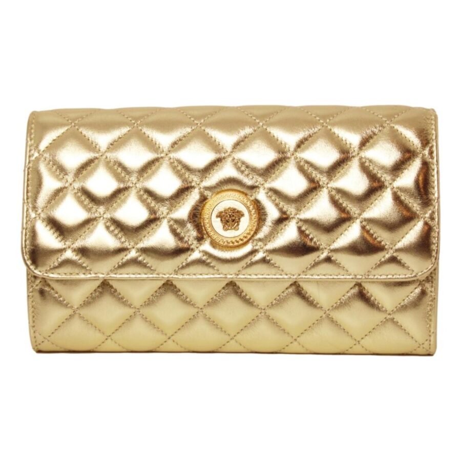 Versace Metallic Gold Leather Medusa Chain Wallet Bag | Studio Nafay
