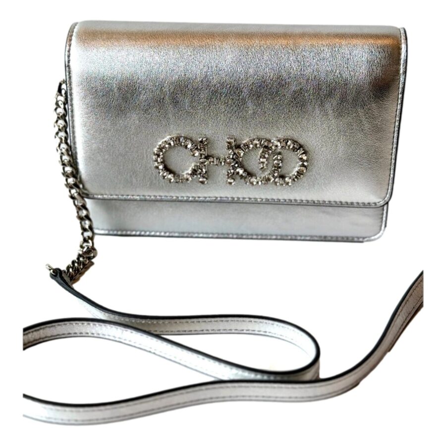 Jimmy Choo Kalina Crossbody Clutch Bag Crystal Logo Metallic Silver | Studio Nafay