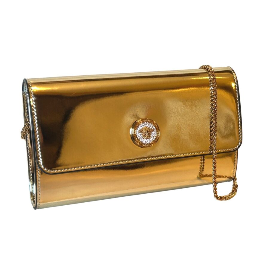 Versace La Medusa Crystal Clutch Crossbody Bag Metallic Gold Leather | Studio Nafay