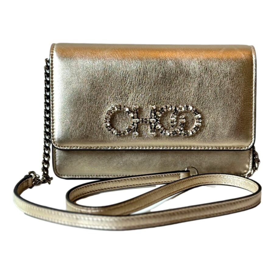 Jimmy Choo Kalina Crossbody Clutch Bag Crystal Logo Metallic Gold | Studio Nafay
