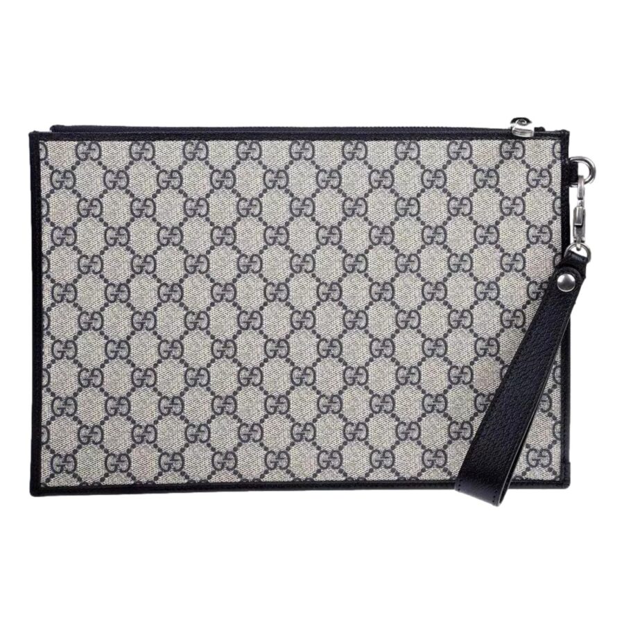Gucci GG Supreme Coated Canvas Wristlet Clutch Handbag Beige and Navy | Studio Nafay