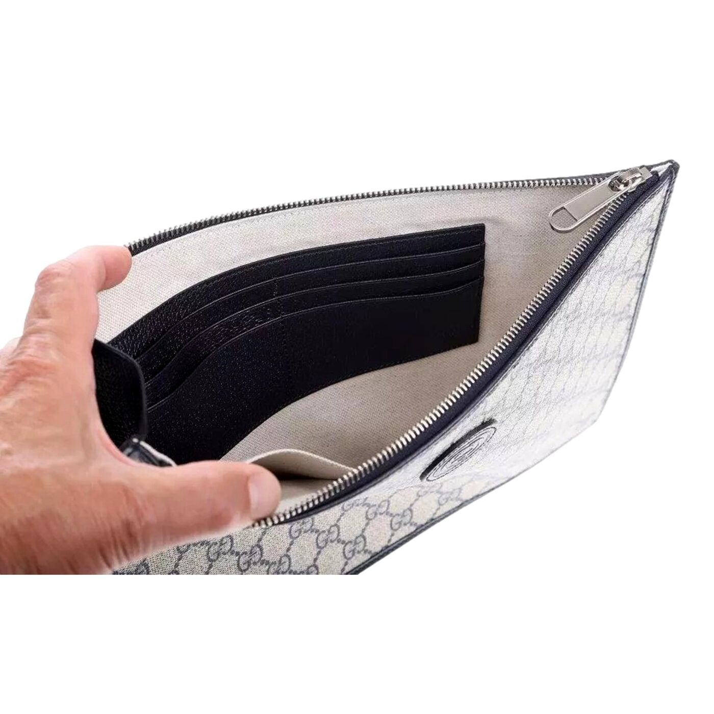 Gucci GG Supreme Bolso de mano clutch con muñequera de lona revestida, beige y azul marino