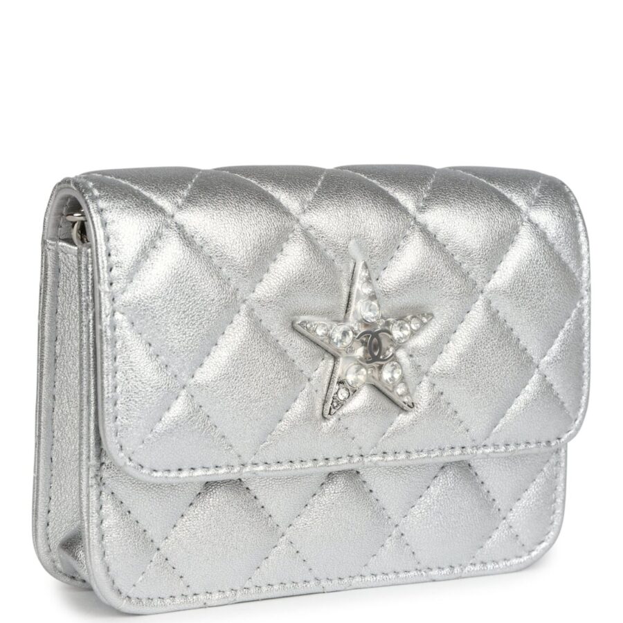 Chanel Crystal CC Walk Of Fame Clutch Wallet Silver Metallic Goatskin Silver Hardware | Studio Nafay