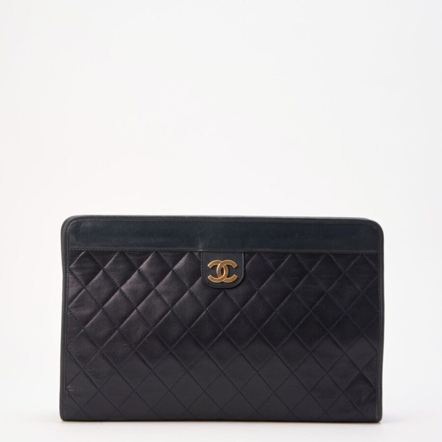 Chanel Navy Leather Clutch Bag With 24K Gold Plated Hardware | Studio Nafay